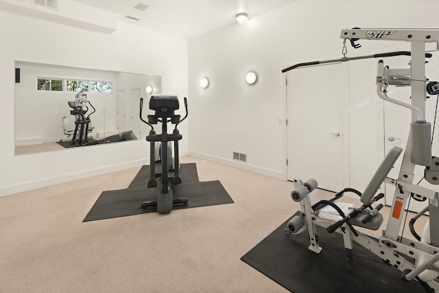 workout room featuring light colored carpet