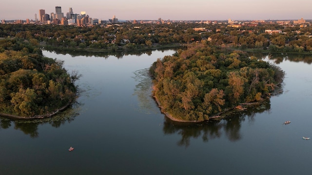 aerial view at dusk featuring a water view