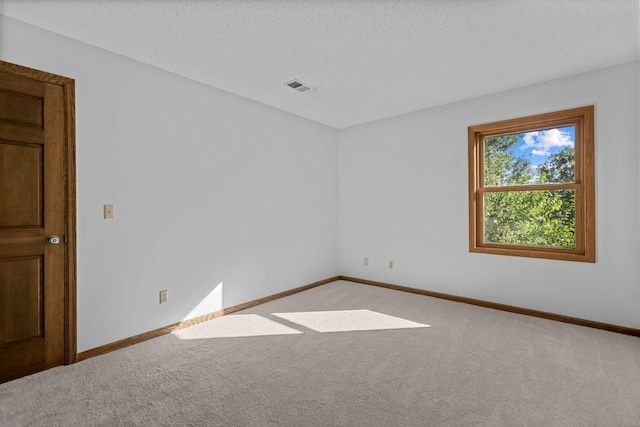 empty room with light carpet and a textured ceiling