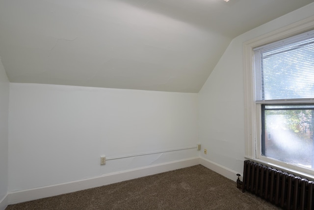 additional living space with dark colored carpet, lofted ceiling, and radiator heating unit