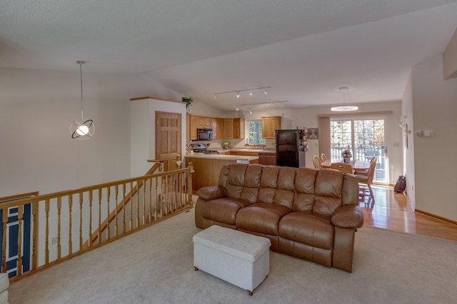 living room featuring a textured ceiling, rail lighting, lofted ceiling, and light wood-type flooring