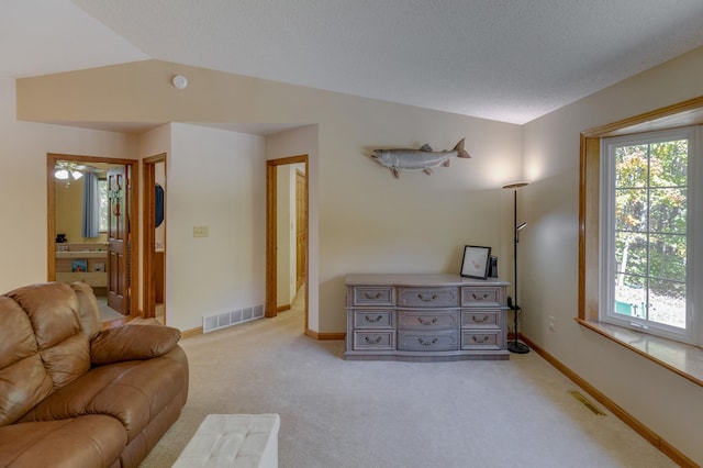 carpeted living room featuring a textured ceiling, vaulted ceiling, and ceiling fan