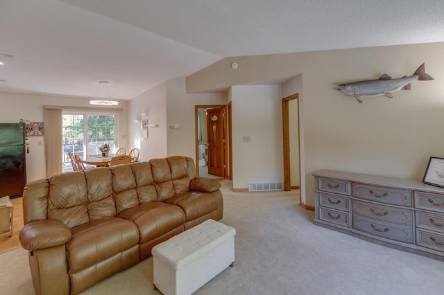 living room with light colored carpet and lofted ceiling