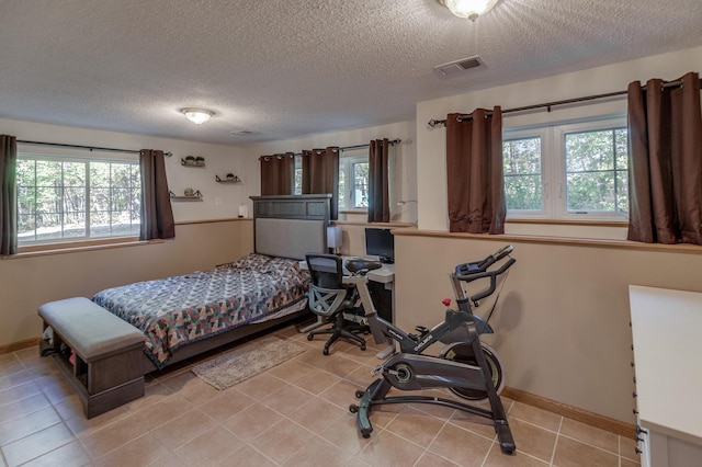 bedroom with a textured ceiling and multiple windows