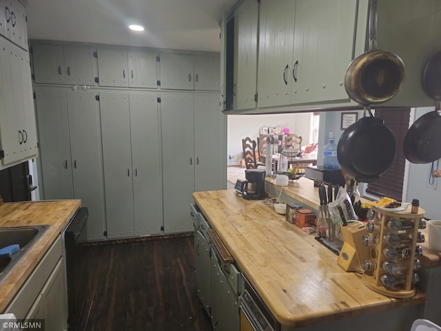 kitchen featuring dishwasher, dark hardwood / wood-style flooring, and wooden counters