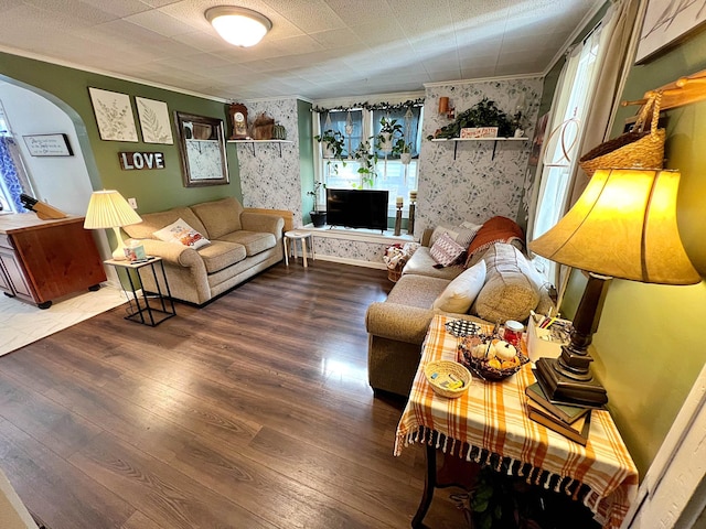 living room with ornamental molding and dark hardwood / wood-style flooring