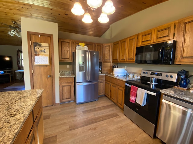 kitchen featuring wooden ceiling, light stone countertops, light wood-type flooring, a chandelier, and appliances with stainless steel finishes