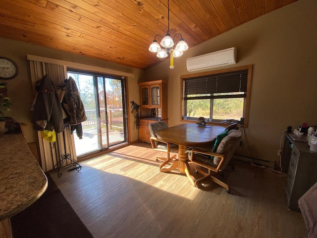 dining space with an AC wall unit, vaulted ceiling, wood ceiling, and light hardwood / wood-style floors