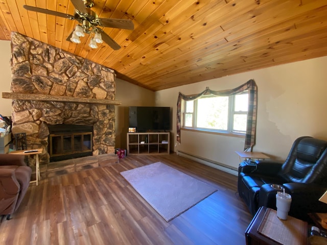 living room with lofted ceiling, wood ceiling, wood-type flooring, and a fireplace