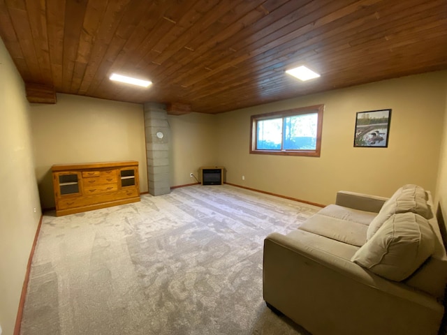 living room with wood ceiling and carpet flooring