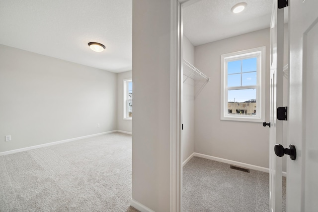 clothes washing area with carpet and a textured ceiling