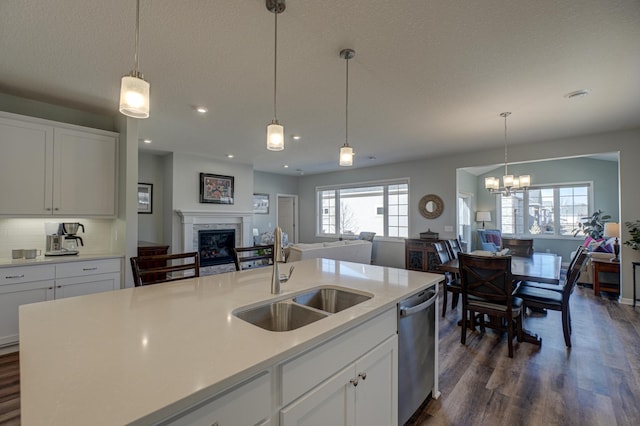 kitchen with a sink, open floor plan, stainless steel dishwasher, and a glass covered fireplace