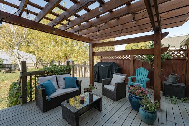 wooden terrace featuring an outdoor hangout area, a pergola, and grilling area