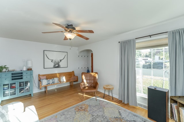 living room with ceiling fan and light hardwood / wood-style flooring