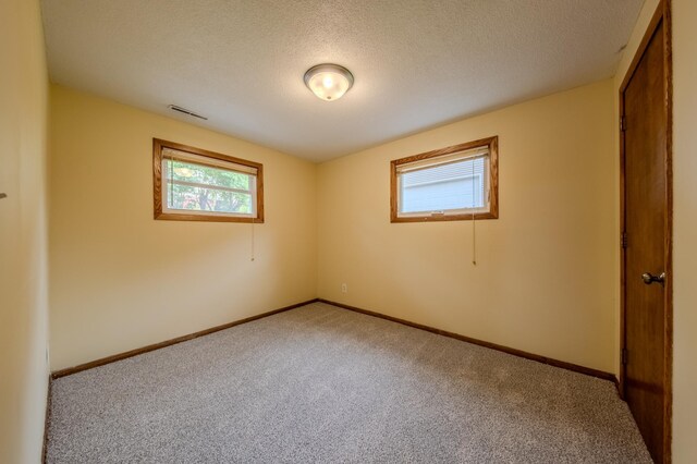 spare room featuring light carpet and a textured ceiling