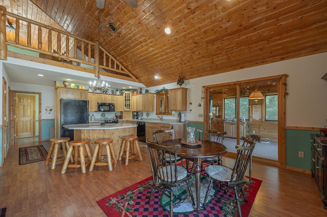 dining space featuring ceiling fan with notable chandelier, wood ceiling, sink, high vaulted ceiling, and hardwood / wood-style flooring