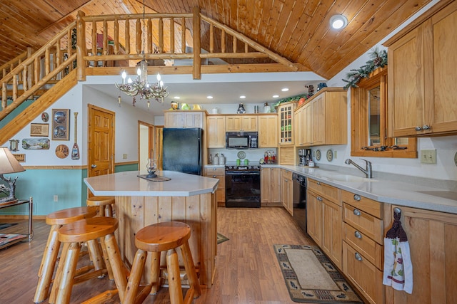 kitchen with a center island, black appliances, sink, and wood ceiling