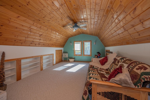 bonus room featuring lofted ceiling, ceiling fan, carpet floors, and wood ceiling