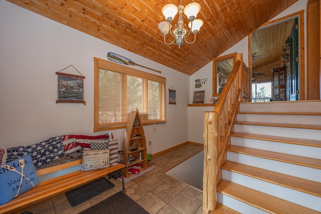 stairs featuring a notable chandelier, wood ceiling, tile patterned flooring, and lofted ceiling