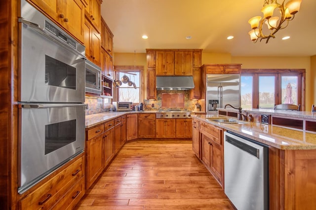 kitchen with built in appliances, hanging light fixtures, a notable chandelier, backsplash, and sink