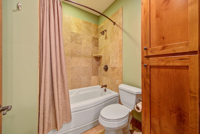 bathroom featuring toilet and shower / bathtub combination with curtain