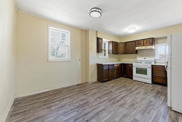 kitchen with dark brown cabinets, white appliances, light countertops, wood finished floors, and under cabinet range hood