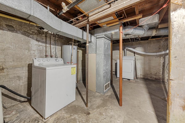 unfinished basement featuring gas water heater, washer / clothes dryer, and visible vents