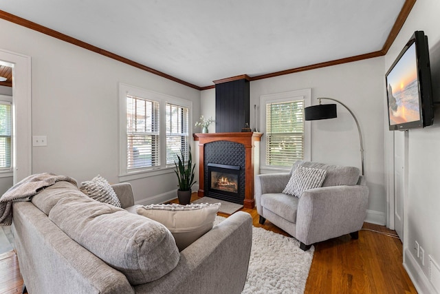 living room featuring ornamental molding, hardwood / wood-style flooring, and a healthy amount of sunlight