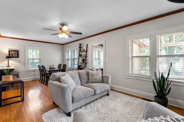 living room featuring ceiling fan, plenty of natural light, and hardwood / wood-style floors