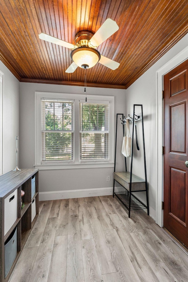 mudroom with wooden ceiling, crown molding, ceiling fan, and light hardwood / wood-style flooring