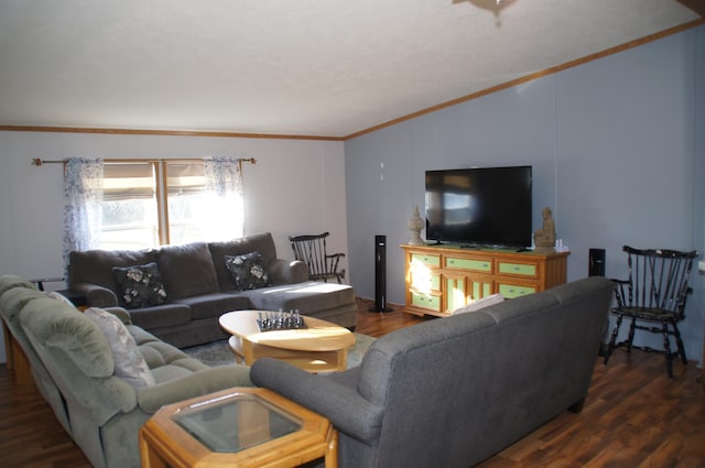 living room featuring lofted ceiling, crown molding, and dark hardwood / wood-style floors