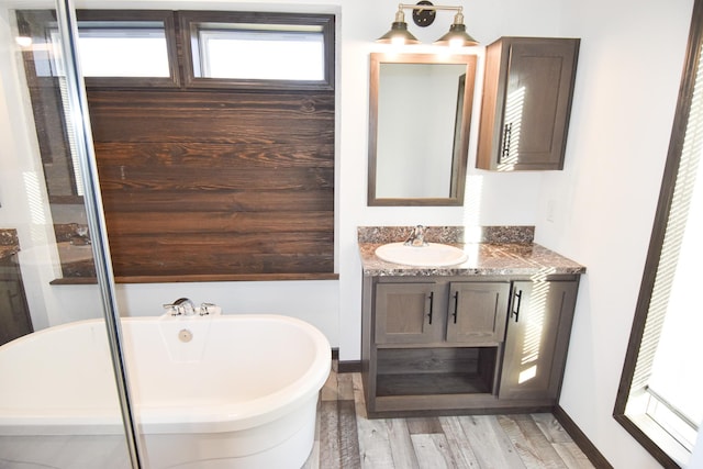 bathroom with vanity, wood-type flooring, and a bathing tub