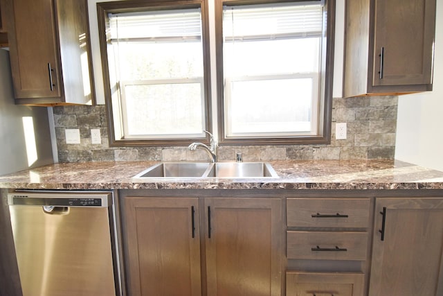 kitchen with dishwasher, backsplash, sink, and stone countertops