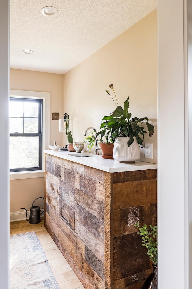 details with a textured ceiling, wood-type flooring, and sink