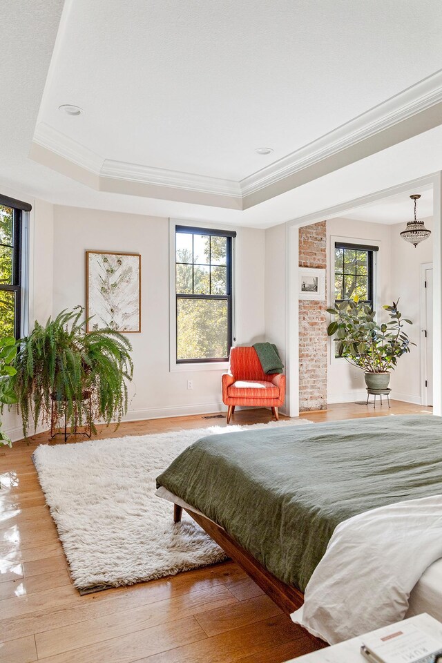 bedroom with a raised ceiling, multiple windows, and hardwood / wood-style floors