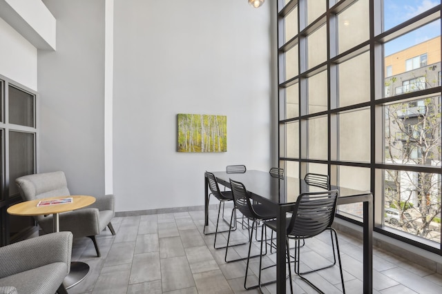 dining room with expansive windows, plenty of natural light, and a high ceiling