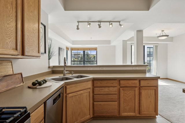 kitchen with sink, kitchen peninsula, track lighting, appliances with stainless steel finishes, and light colored carpet