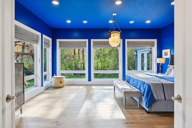 bedroom with multiple windows and light wood-type flooring