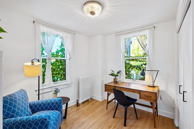 home office with radiator and light hardwood / wood-style floors