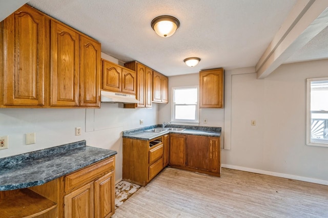 kitchen featuring light wood-style flooring, a textured ceiling, under cabinet range hood, dark countertops, and brown cabinets