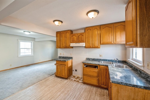 kitchen featuring brown cabinets, dark countertops, a sink, and under cabinet range hood