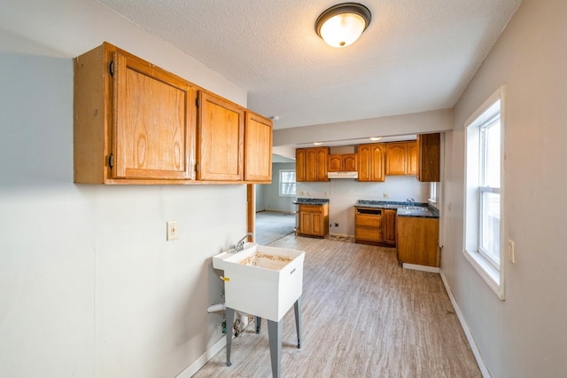 kitchen featuring baseboards, light wood-style flooring, a textured ceiling, and brown cabinetry