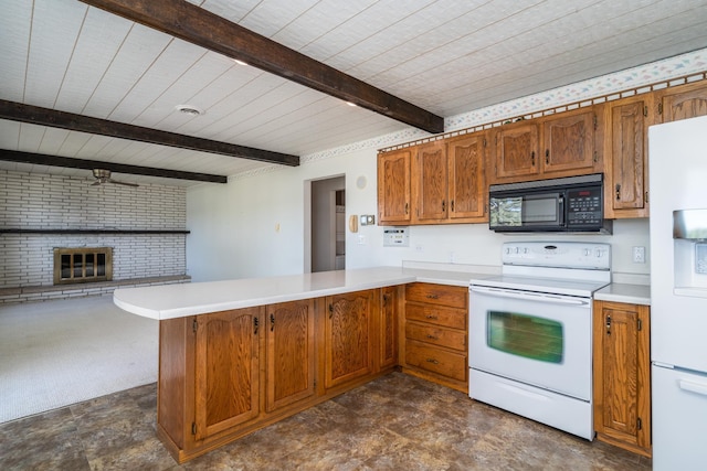 kitchen featuring wood ceiling, white appliances, kitchen peninsula, and beamed ceiling