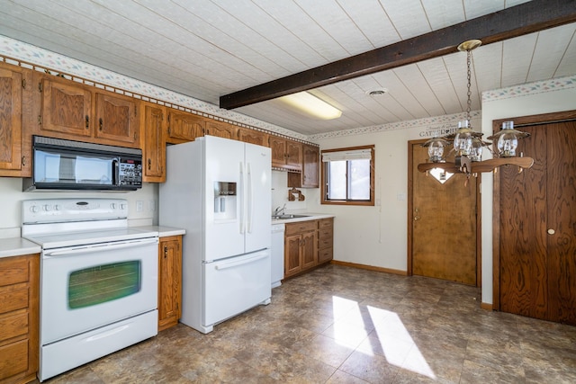 kitchen with wood ceiling, sink, beam ceiling, an inviting chandelier, and white appliances