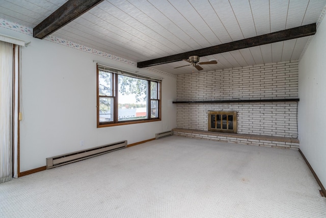 unfurnished living room featuring light colored carpet, baseboard heating, beam ceiling, and wood ceiling