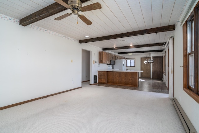 unfurnished living room with beamed ceiling, wooden ceiling, light colored carpet, a baseboard radiator, and ceiling fan with notable chandelier