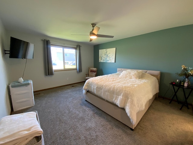 bedroom with ceiling fan and carpet flooring