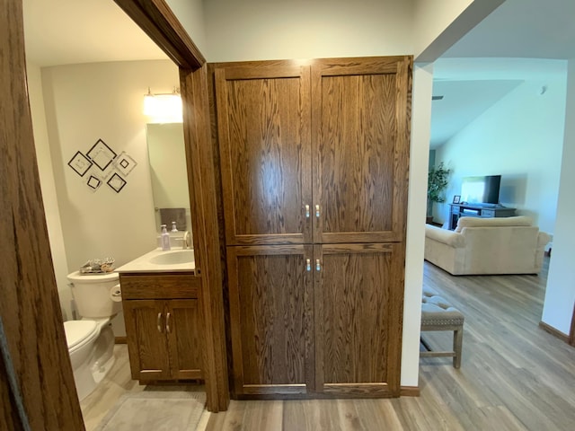 bathroom with vanity, hardwood / wood-style floors, and toilet