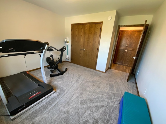 exercise area with light colored carpet