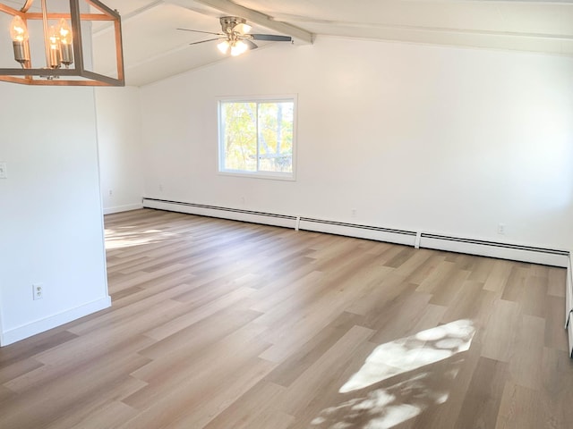 unfurnished room featuring baseboard heating, vaulted ceiling with beams, ceiling fan with notable chandelier, and light wood-type flooring